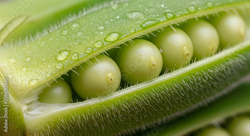 Fresh green peas in pod macro photography dew drops healthy organic produce detail