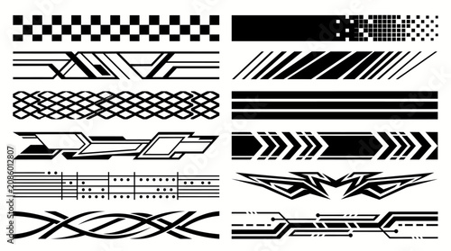 Assortment of Car Body Vinyl Decal Border Designs Including Checkered Patterns, Racing Stripes, and Abstract Elements on Isolated White Background.