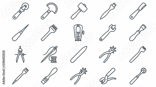 Fotografie Large Grid Collection of Various Leathercraft Tools and Equipment on Isolated White Background