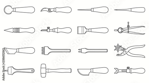 Fényképezés Diverse set of leather craft tools featuring mallets, knives, skiving tools, and various punches on isolated white background