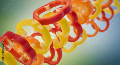 Vibrant red yellow and orange bell pepper slices in a spiral pattern