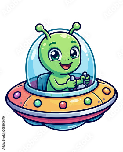 Cute Alien Piloting Colorful UFO Simple Cartoon Vector Children’s Illustration On a Transparent Background 