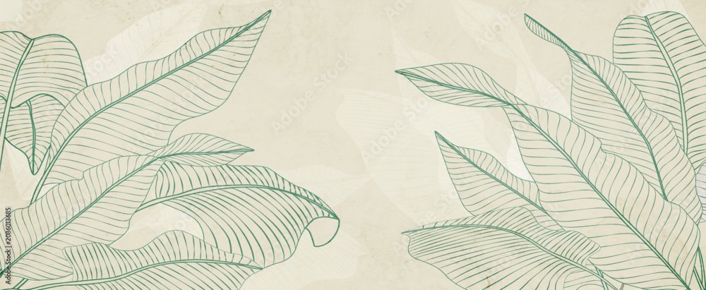 Fototapeta premium Luxury art background with tropical plant leaves in blue or green in a line style. Botanical banner for decor, prints, posters, textiles, wallpaper, and packaging.