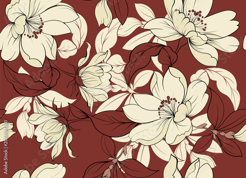 Seamless blooming pattern. Line floral pattern.
