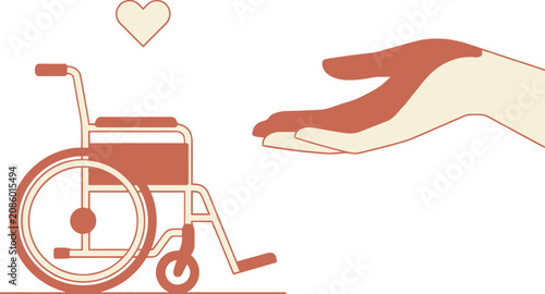 Minimalist wheelchair and helping hand vector illustration, disability care and support concept, medical assistance and accessibility symbol