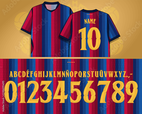 barca font, spain soccer, Decorative athletic alphabet inspired by premium jersey numbering. Vector uppercase letters, numerals and symbols with ornamental inline details for apparel graphics
