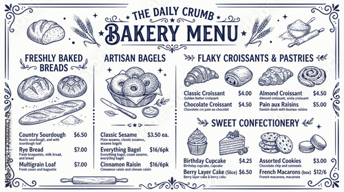 Foto Hand-Drawn Bakery Menu - Breads, Bagels, Pastries, Cakes, Cookies