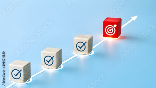 Red target cube leading checkmark blocks on upward glowing trend line. Concept of business project management, financial growth, and goal achievement.