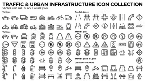 Traffic & Urban Infrastructure Icon Collection: Vector Line Art, Black & White