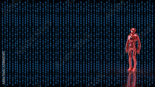 Red Humanoid Robot With Digital Binary Background 3d render.