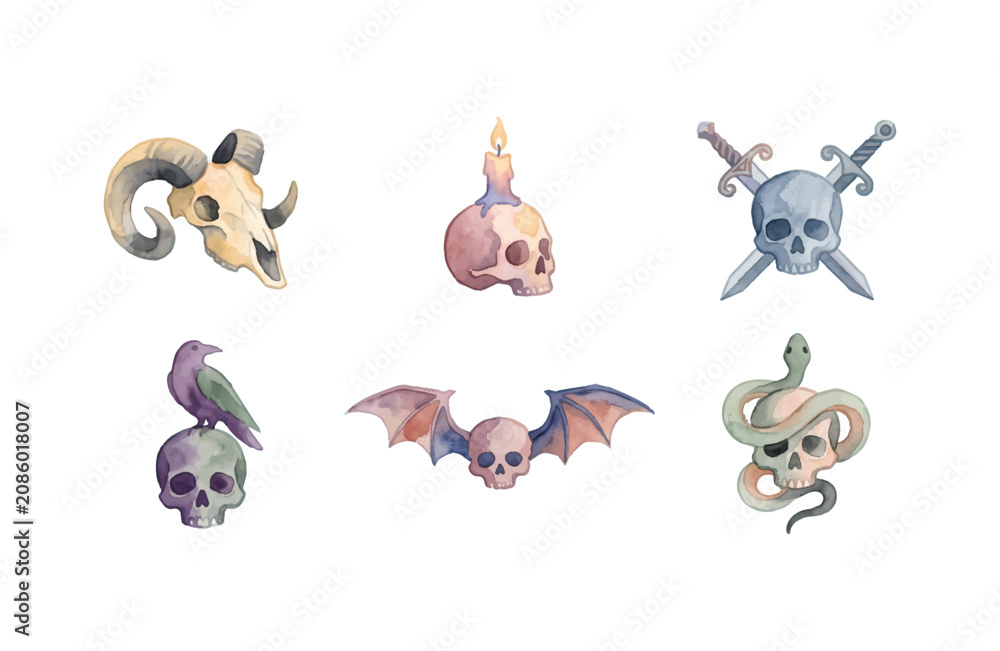 Fototapeta premium Watercolor skull icon set with animal skulls, bat wings, raven, snake, daggers, and candle