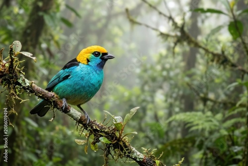 Vibrant Multi-Colored Tropical Bird Perched on Mossy Branch in Misty Rainforest, Exotic Wildlife and Nature Conservation Concept for Website Banner and Hero Header