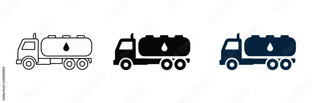 Naklejka premium Industrial fuel tanker truck icons, oil delivery vehicle vector set, heavy liquid transport truck silhouettes for logistics and energy industry