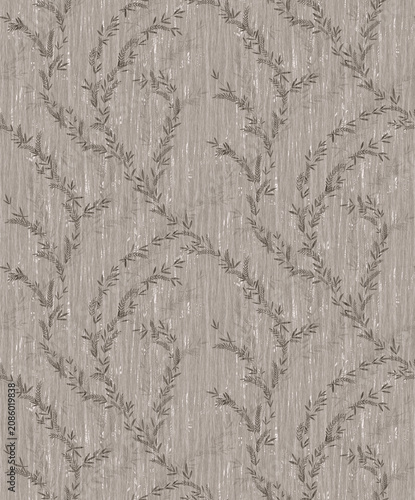 Seamless elegant botanical leaf pattern on greyish brown wood grain texture with delicate vine silhouettes and rustic timber background