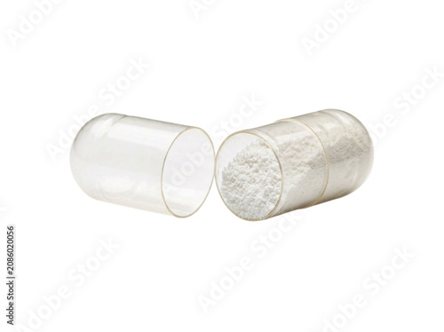 Open Transparent Pharmaceutical Capsule Containing White Medical Powder Supplement