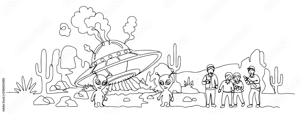Obraz premium UFO crash in desert landscape with curious aliens and surprised humans line art vector