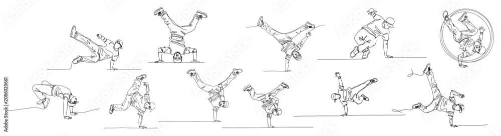 Fototapeta premium Breakdance dancers performing hip hop moves and street dance in continuous line art style