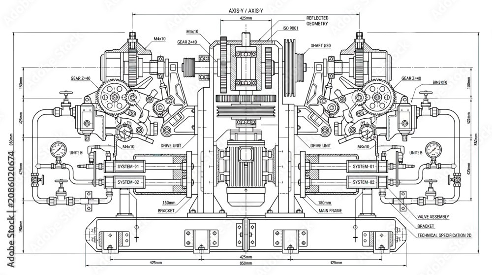 Obraz premium Detailed technical blueprint of complex industrial machinery with dimensions and labels