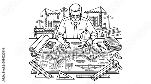 Photos Civil Engineer Working on Highway Blueprint with Construction Site Background