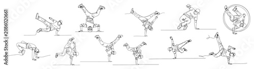 Foto Breakdance dancers performing hip hop moves and street dance in continuous line