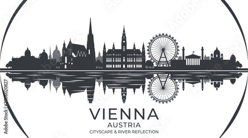 Photography Vienna skyline silhouette with river reflection, Austria cityscape, iconic landm