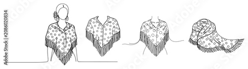 Bilde på lerret Spanish polka dot shawl with fringe and woman wearing manton in continuous line