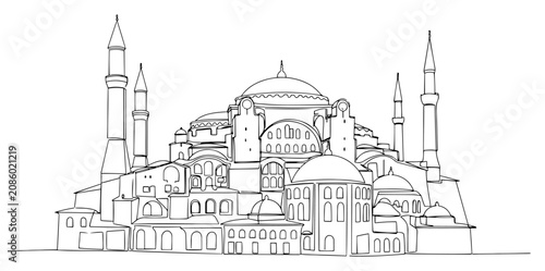 Foto Hagia Sophia mosque in Istanbul with minarets and domes line art vector