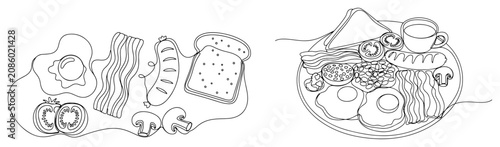 Quadro em tela Full English breakfast with eggs bacon and toast in continuous line art style