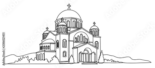 Canvastavla Orthodox cathedral with large domes and crosses in continuous line art style