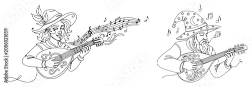 Photos Fantasy bard and wizard playing musical instruments in continuous line art style