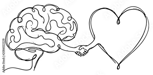 Tableau sur toile Brain and heart organs shaking hands in continuous line art style