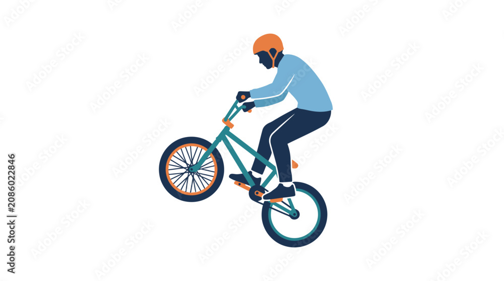 Obraz premium Illustration of a young man riding a bmx bike doing a wheelie trick.
