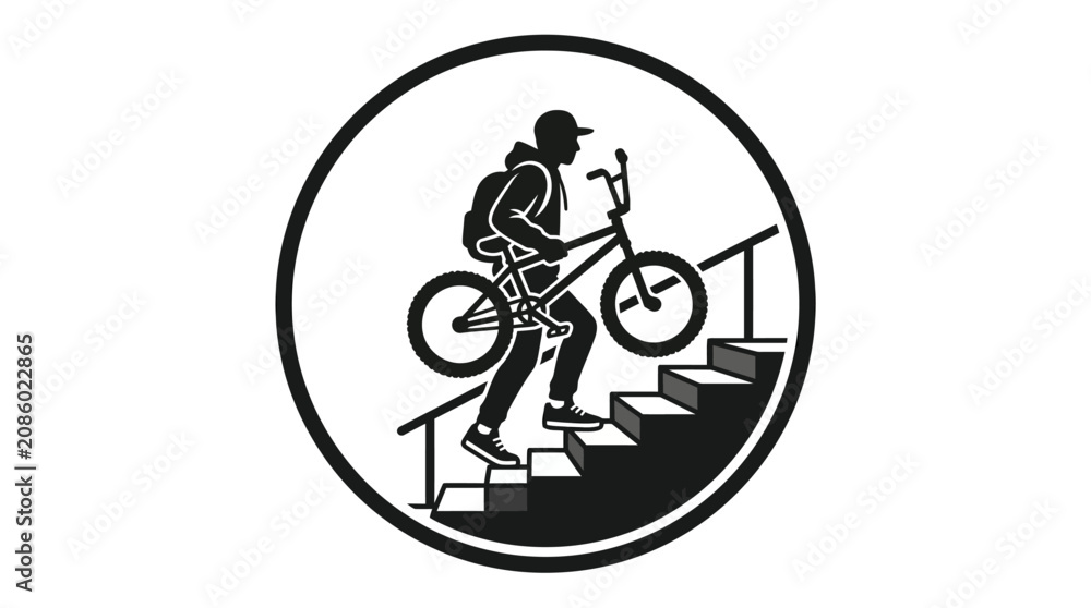 Obraz premium Illustration of a young person carrying a BMX bike up stairs.