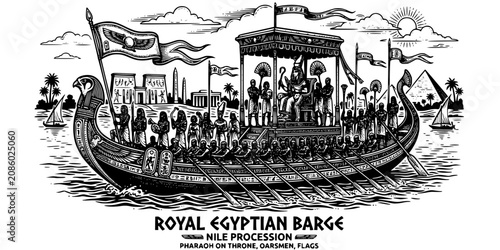 Foto Royal Egyptian Barge Ink Black White-Pharaoh Throne Oarsmen Flag Procession-Nile