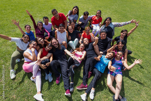 portrait of Latin sporty group of people after training workout outdoors in Mexico Latin America, large and diverse group of hispanic people of different ages and multi age