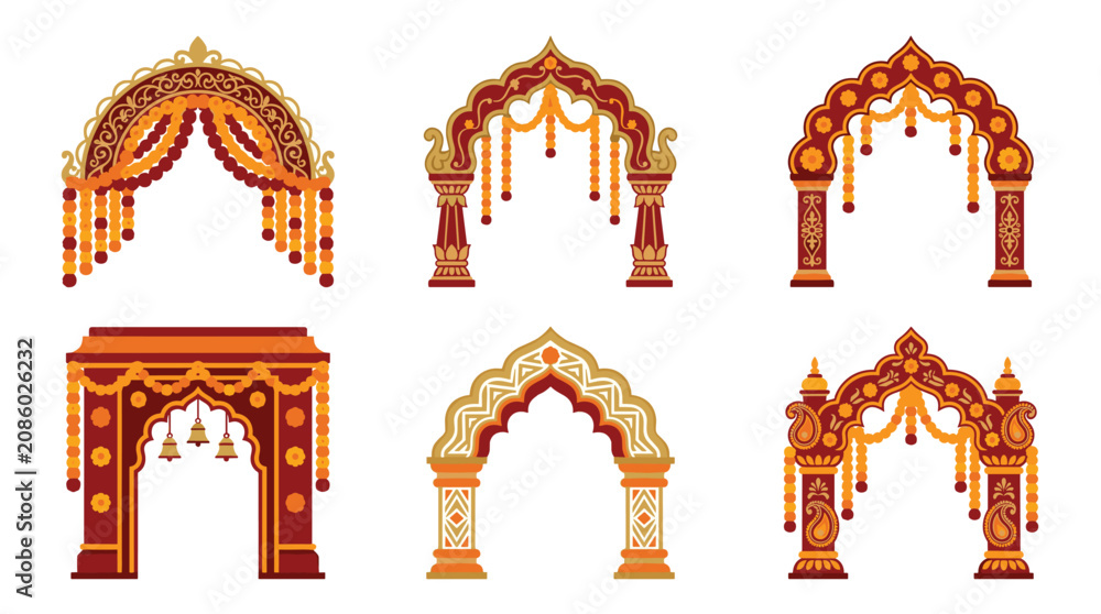 Obraz premium Collection of traditional Indian wedding arches, mandap decorations, pixel art style, festive and ornate designs, rich red and gold color palette