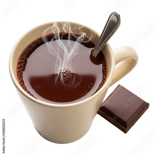 A steaming mug of rich hot chocolate sits beside a square of dark chocolate, perfect for a cozy, indulgent moment.