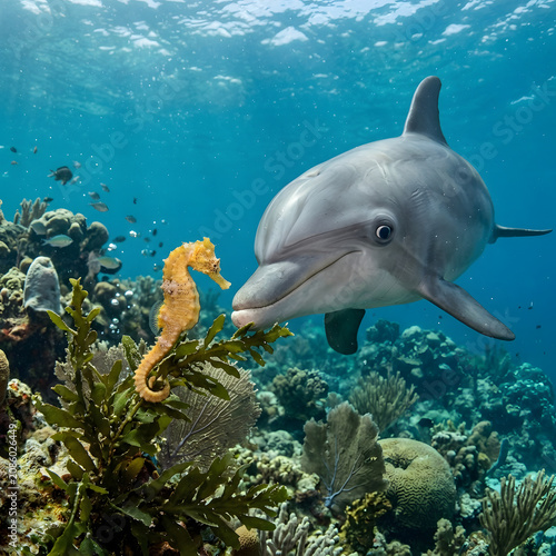 Diver swimming alongside a curious dolphin underwater.