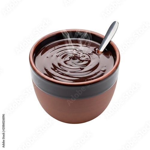 Steaming hot chocolate in a rustic bowl with a spoon, the rich dark liquid swirls with inviting ripples, hinting at a decadent and comforting experience.