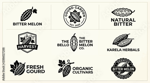 Bitter melon organic gourd farm branding logo set.