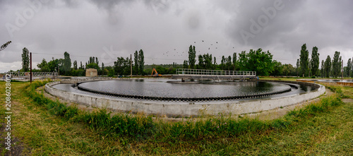 Round wastewater purification tanks at modern sewage treatment plant