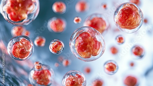 Raspberry cells inside transparent microcapsules, bubbles and soft blue bokeh, natural extract skincare biotech backdrop