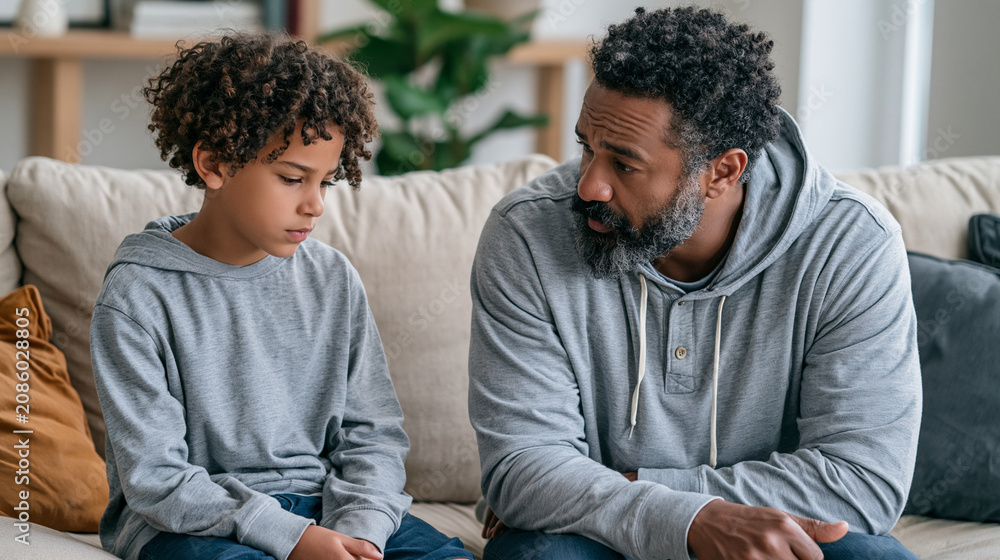 Obraz premium A pensive African American father speaks to his concerned son on a cozy sofa.