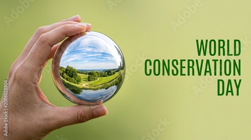 Hand holding a crystal ball reflecting green nature and landscape