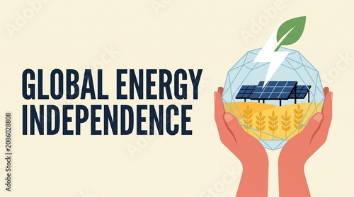 Global energy independence illustration with solar panels and holding hands