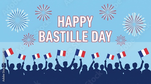 Happy Bastille Day celebration with silhouettes of people waving French flags