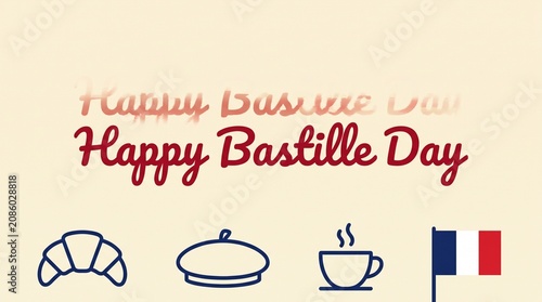 Happy Bastille Day celebration with French cultural icons on light background