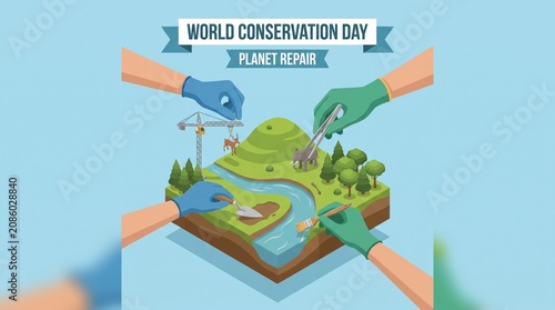 World Conservation Day poster with hands repairing miniature planet environment