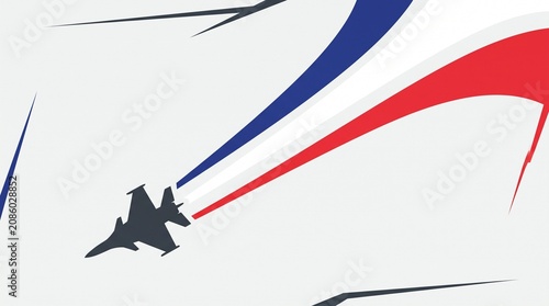 Silhouette of a fighter jet with blue white red trail