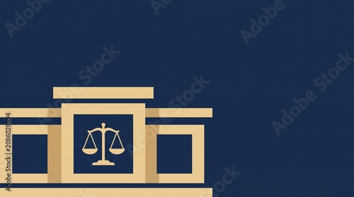 Minimalist illustration of a courthouse building with scales of justice on front